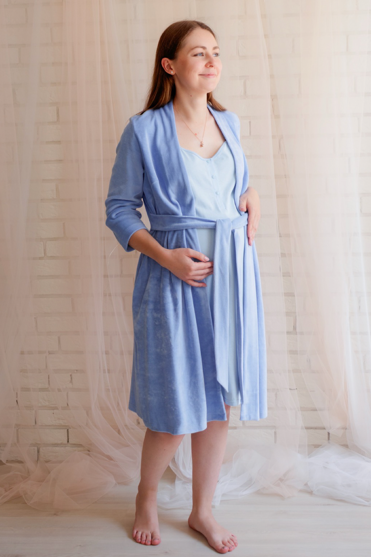 Халат для беременных велюровый Soft Natural Унисекс голубой Мамин Дім 25400/блак
