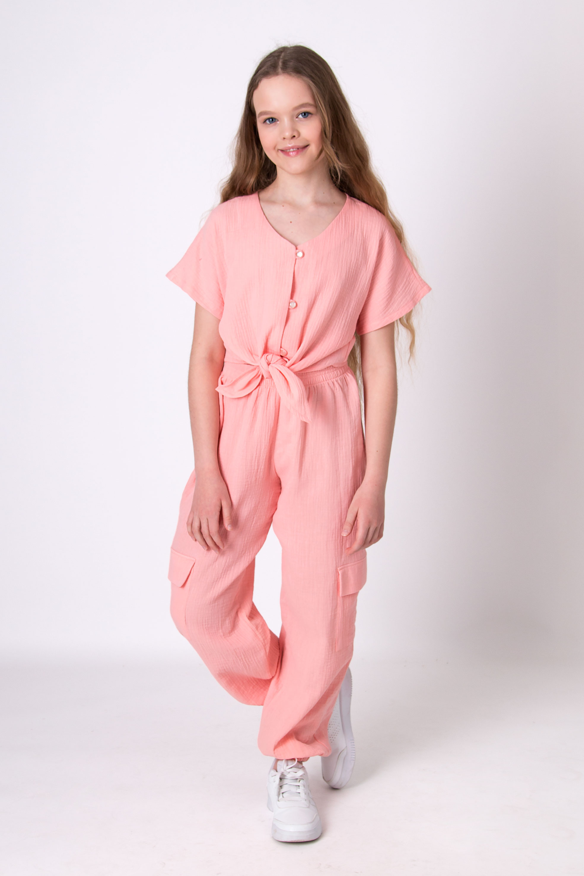 Костюм муслиновый для девочки персиковый Mevis 4844-05