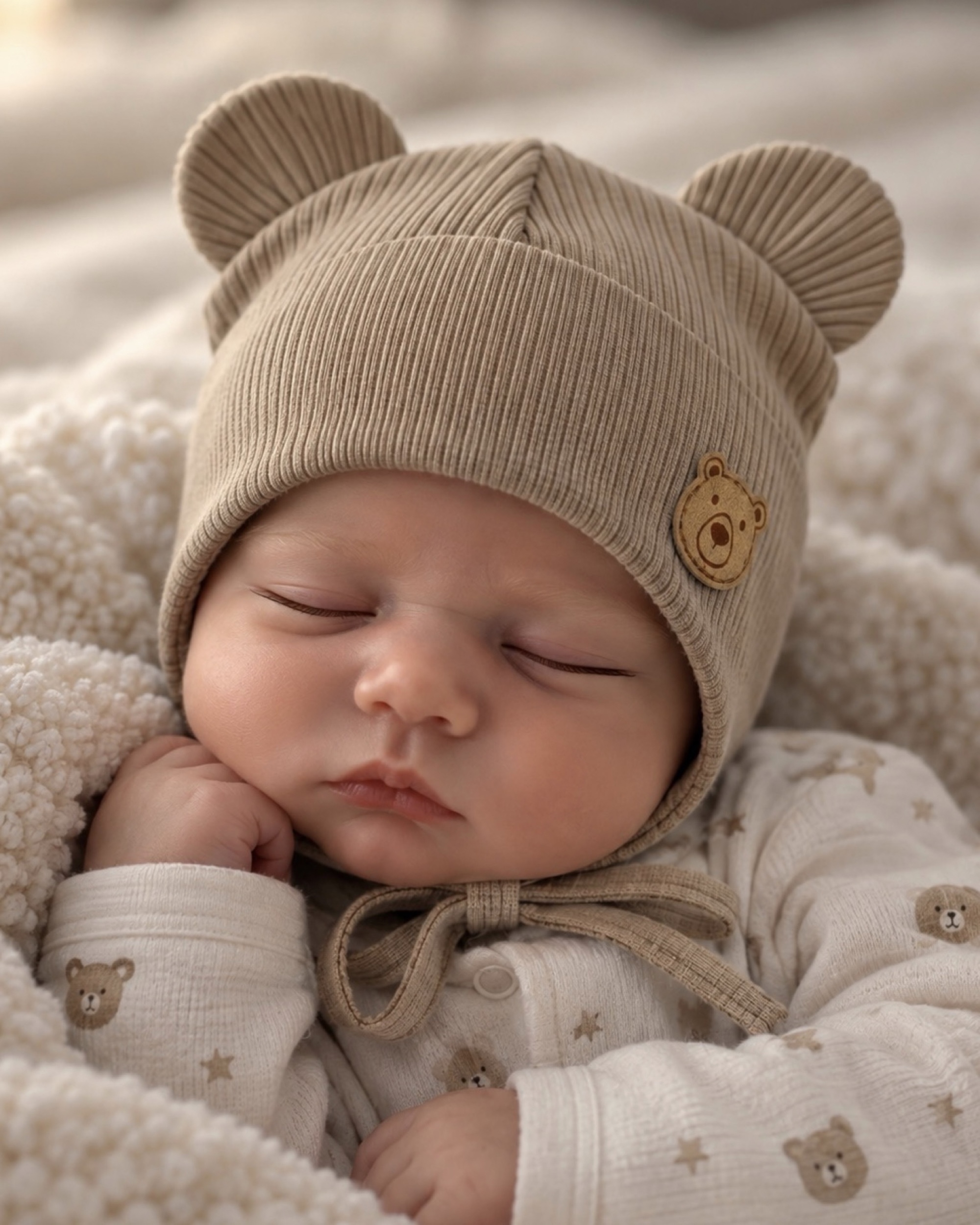 Шапка рубчик для хлопчика бежевий Talvi Kids Ведмедик/беж