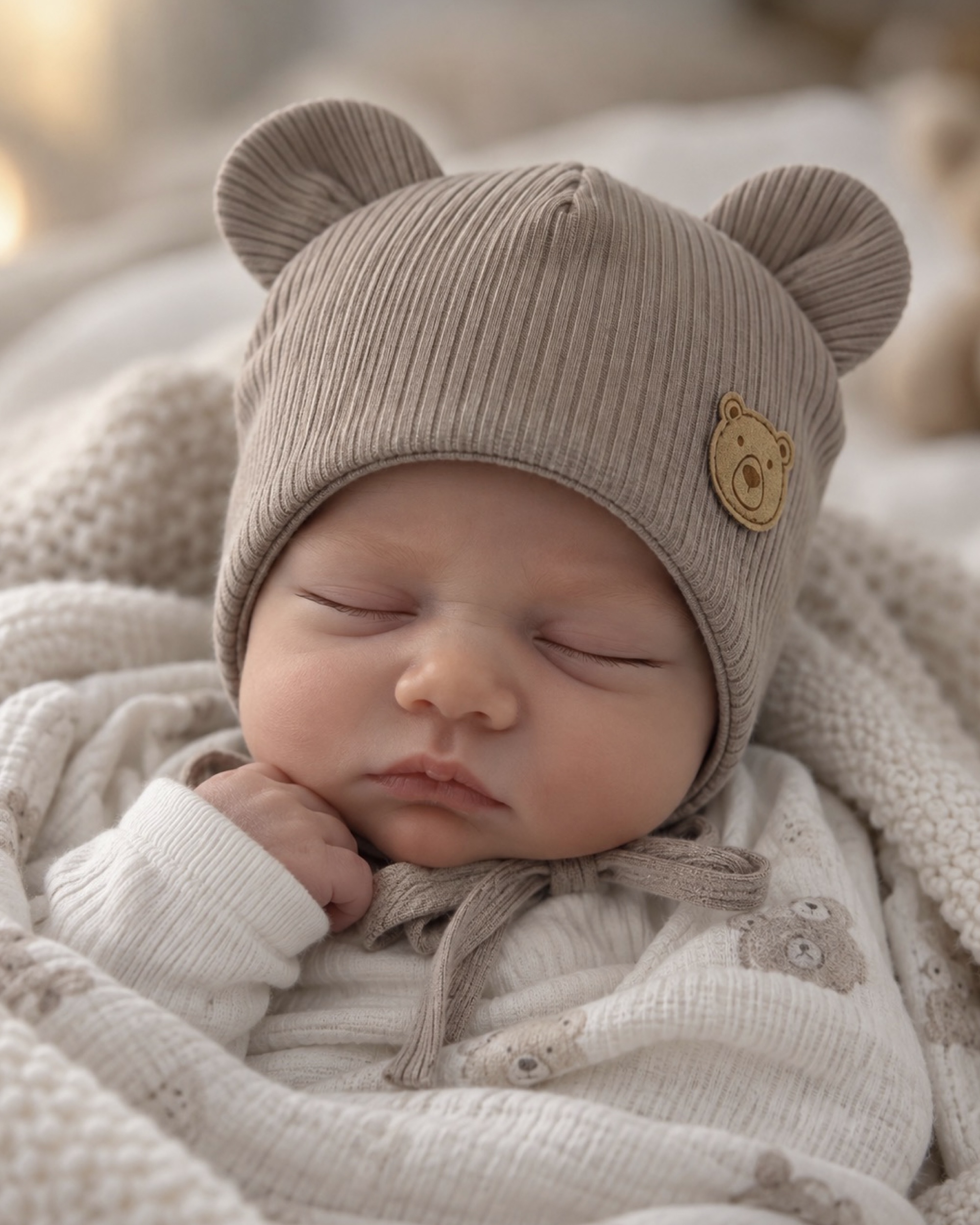 Шапка рубчик для хлопчика пудровий Talvi Kids Ведмедик/пуд